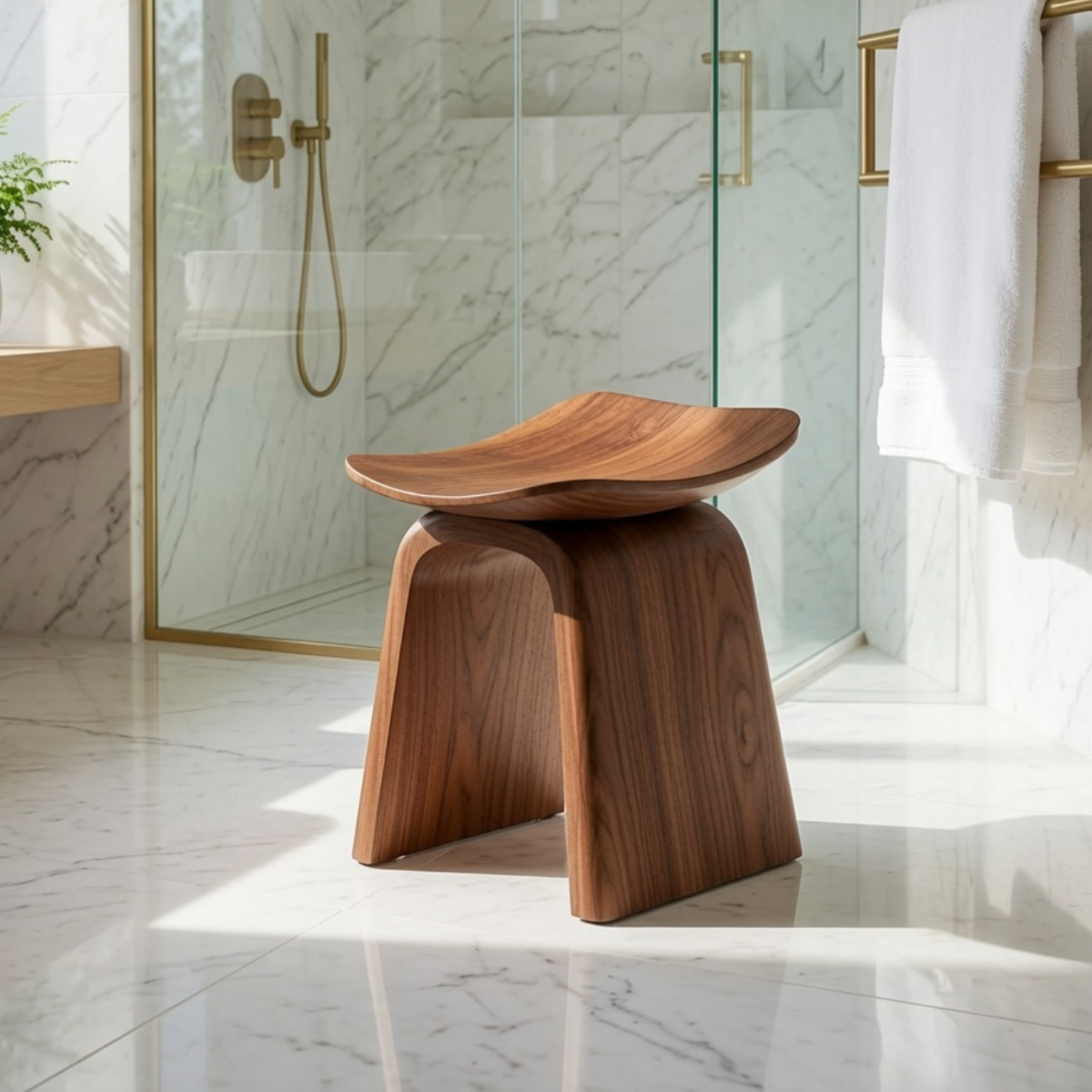Mid-Century-Duschbank aus Massivholz in einem modernen Badezimmer