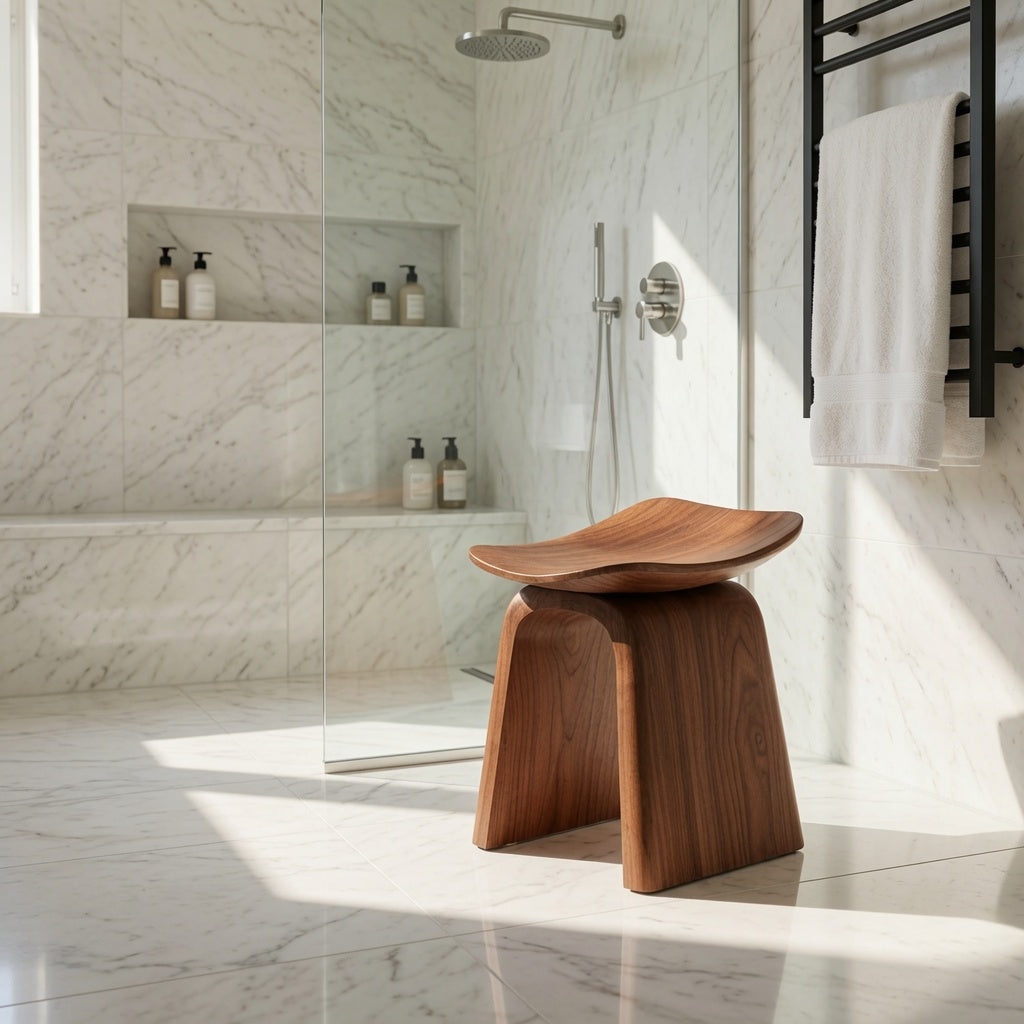 Handgefertigte Holz-Badezimmerbank, die ein Spa-inspiriertes Interieur schafft