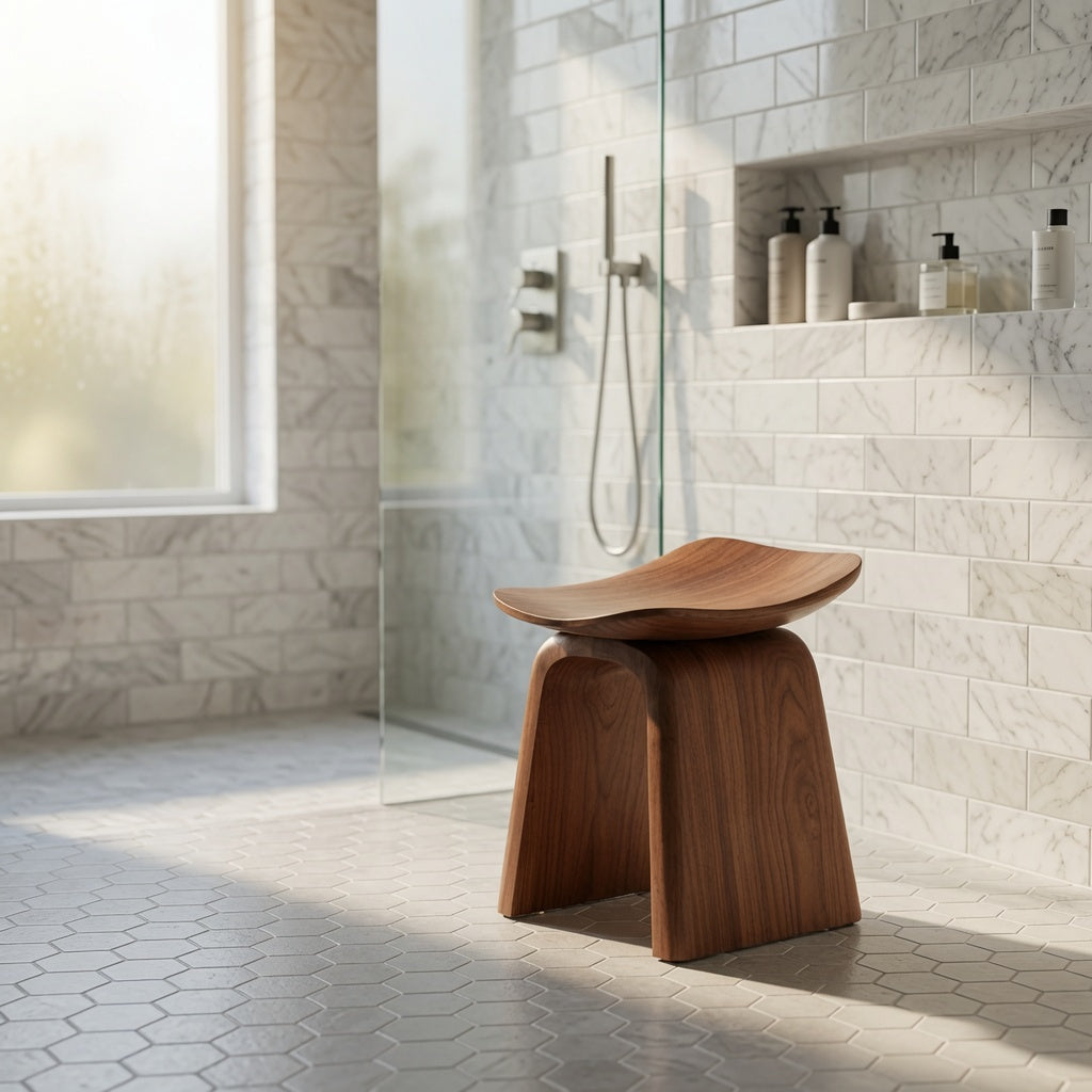Duschsitz aus Massivholz, der einem luxuriösen Badezimmer Wärme und zeitlosen Stil verleiht