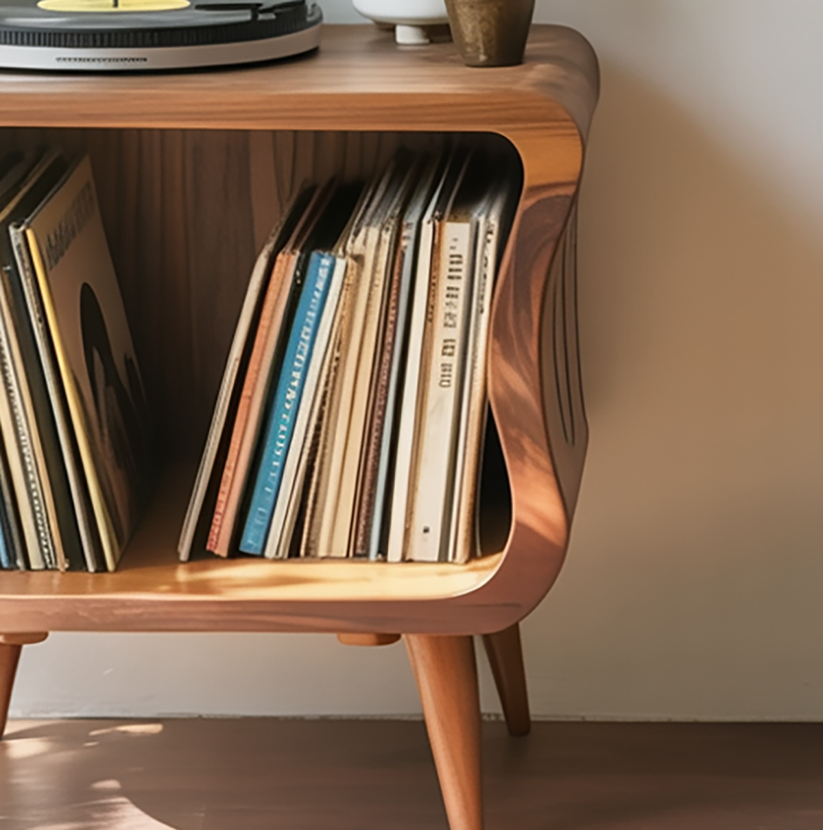 Mid-Century-Plattenspielertisch aus Massivholz mit konischen Beinen und Vinyls