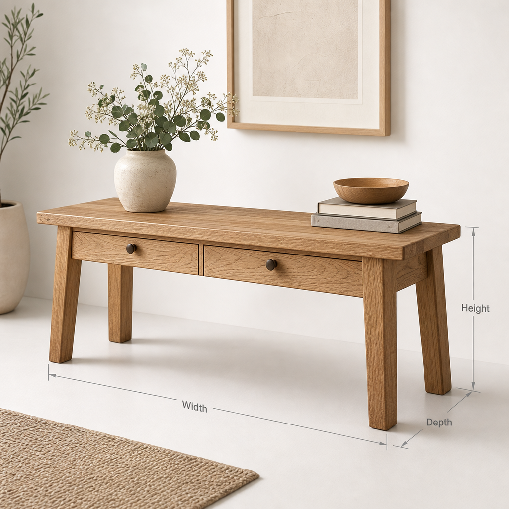 Mid-Century-Modern-Bank aus Massivholz als Akzent-Sitzmöbel im Wohnzimmer-Eingangsbereich