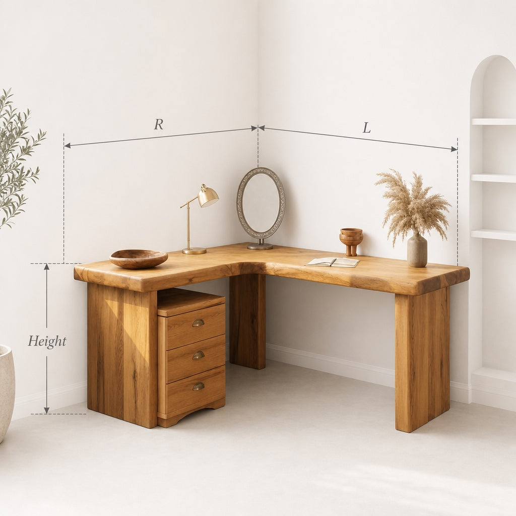 Minimalistischer organischer Schminktisch in Eck-L-Form für Schlafzimmer und Schminkbereich