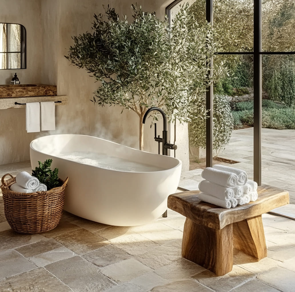 Minimalistischer Badhocker aus Holz neben einer freistehenden Badewanne in einem modernen Bad