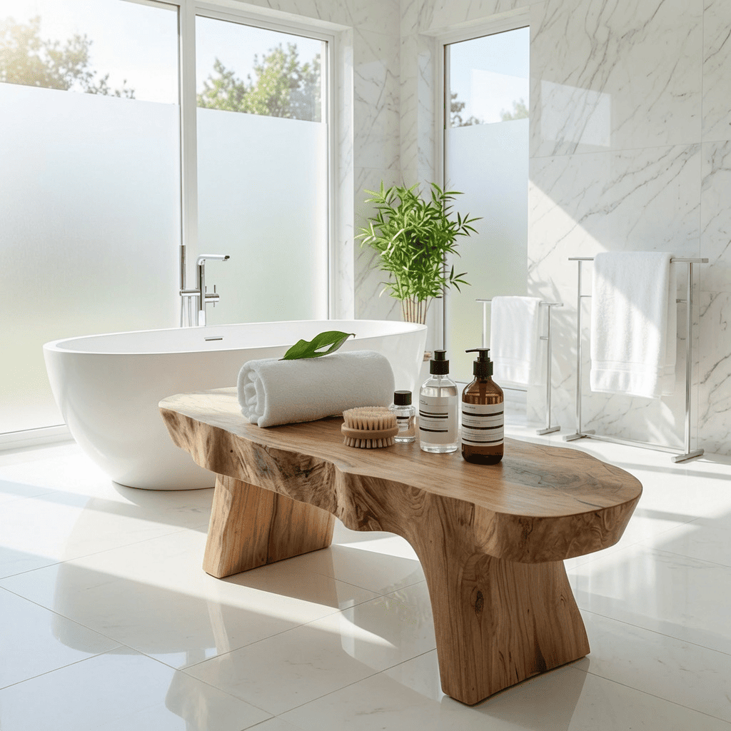 Handgefertigte Spa-Bank aus Holz, die einen entspannenden Wellnessbereich schafft