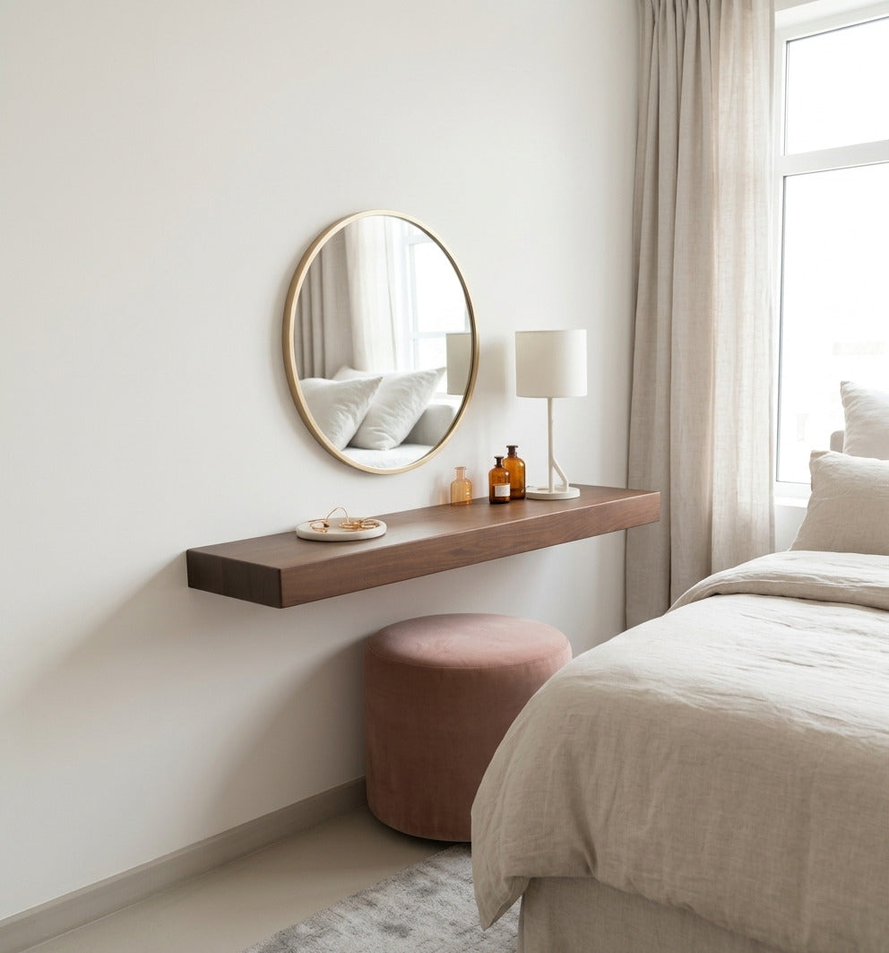 Minimalistisches dickes schwebendes Waschtisch-Regal aus Massivholz in einem zeitgenössischen Schlafzimmer