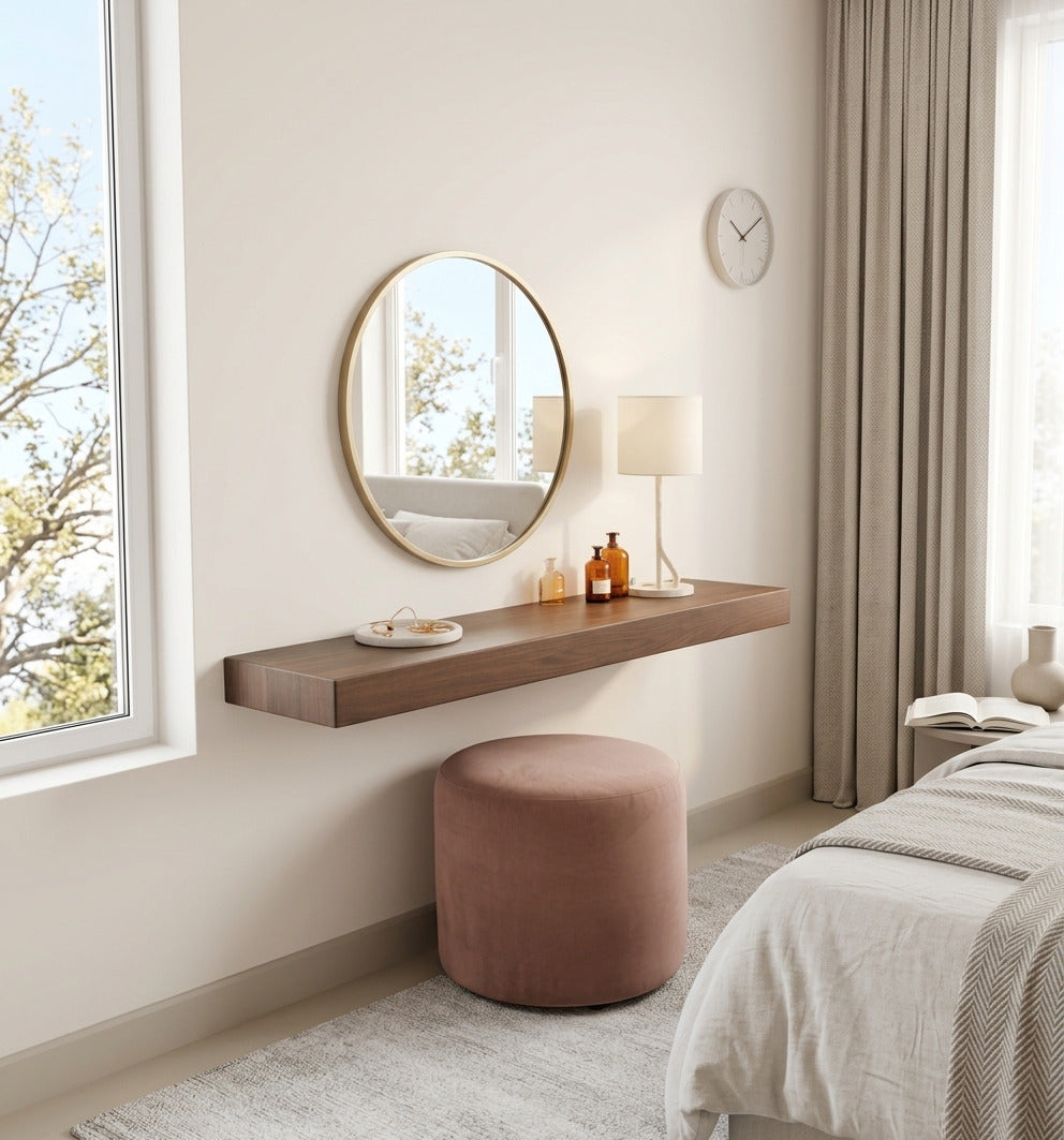 Zeitgenössisches schwebendes Schminkregal aus Massivholz, gestylt in einem modernen Schlafzimmer