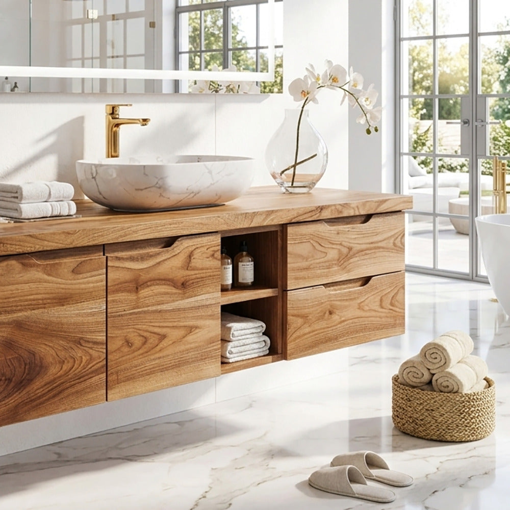 Eleganter wandmontierter Badezimmer-Waschtisch aus Massivholz