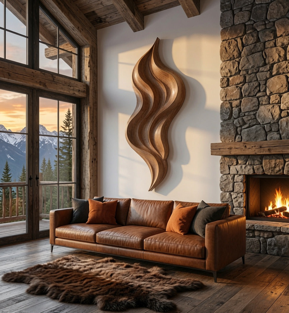 Handgefertigte abstrakte Holz-Wandskulptur in einem luxuriösen Wohnbereich