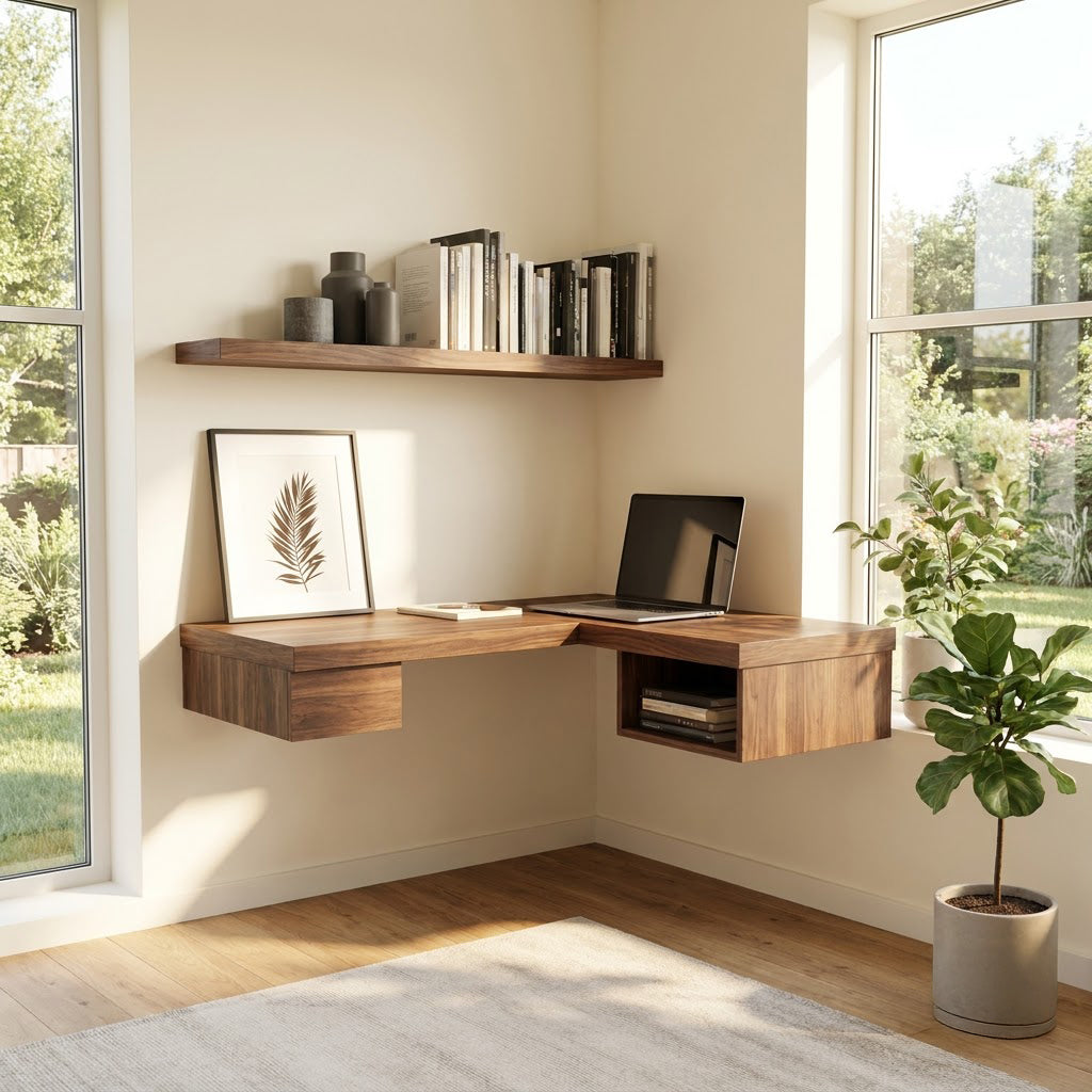 Handgefertigter wandmontierter L-förmiger Schreibtisch aus Naturholz mit Stauraum für eine gemütliche Schlafzimmer-Arbeitsnische