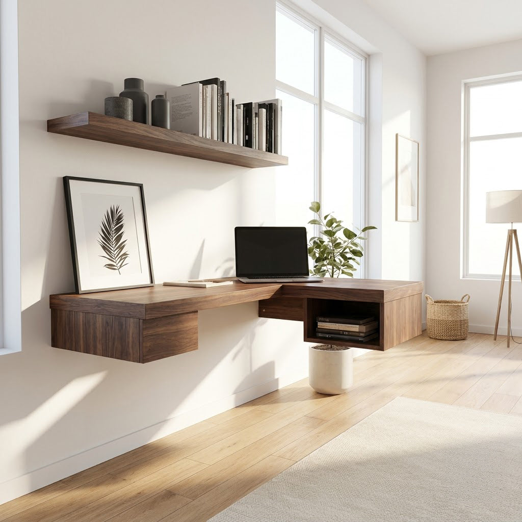 Minimalistischer schwebender Eck-Arbeitsplatz aus Massivholz mit Schublade in einem offenen Arbeitszimmer