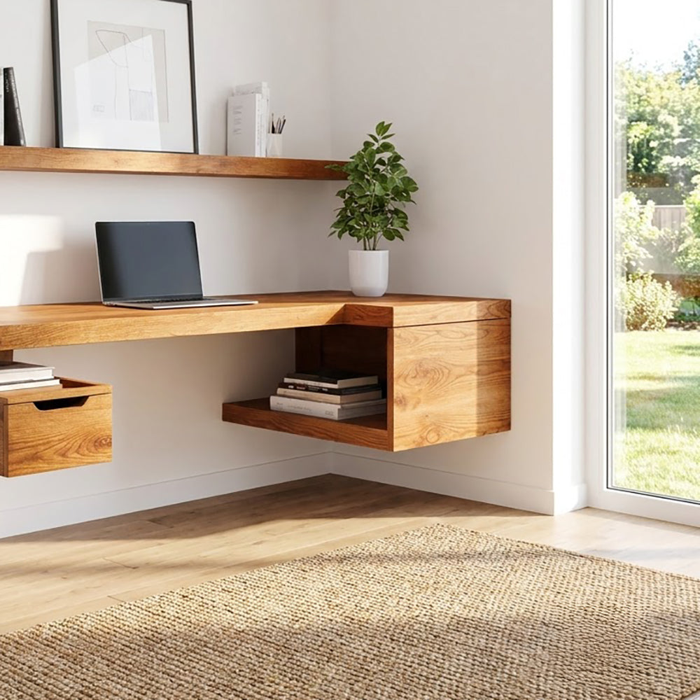 Eleganter wandmontierter L-förmiger Schreibtisch mit Stauraumfach aus Naturholz