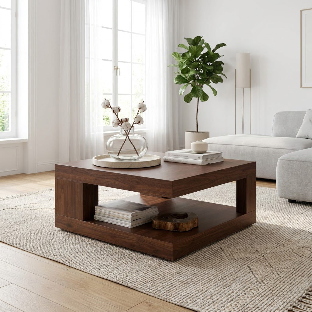 Moderner quadratischer Sockel-Couchtisch aus Massivholz mit offenem Stauraum in einem zeitgenössischen Wohnzimmer