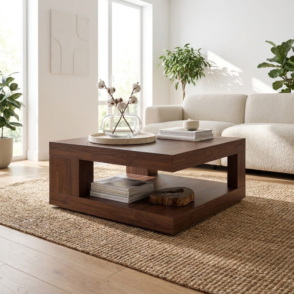 Minimalistischer Sockel-Couchtisch aus Massivholz mit offenen Regalen in einem zeitgenössischen Wohnbereich