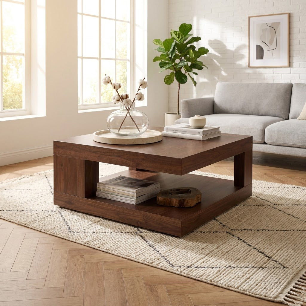 Handgefertigter quadratischer Couchtisch aus Massivholz, präsentiert in einem eleganten Wohnzimmer