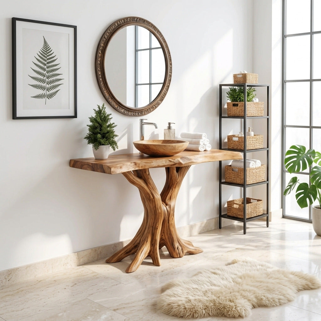 Baumkanten-Waschtisch aus Hartholz, der ein luxuriöses Interieur aufwertet