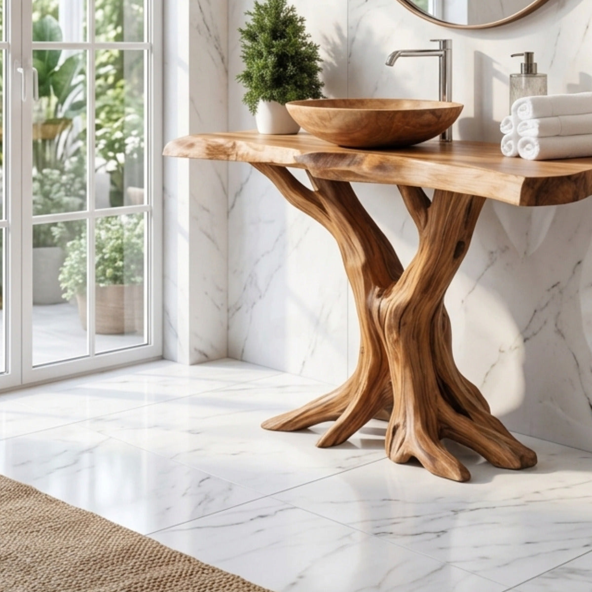 Baumkanten-Waschtisch aus Hartholz, der ein luxuriöses Interieur aufwertet
