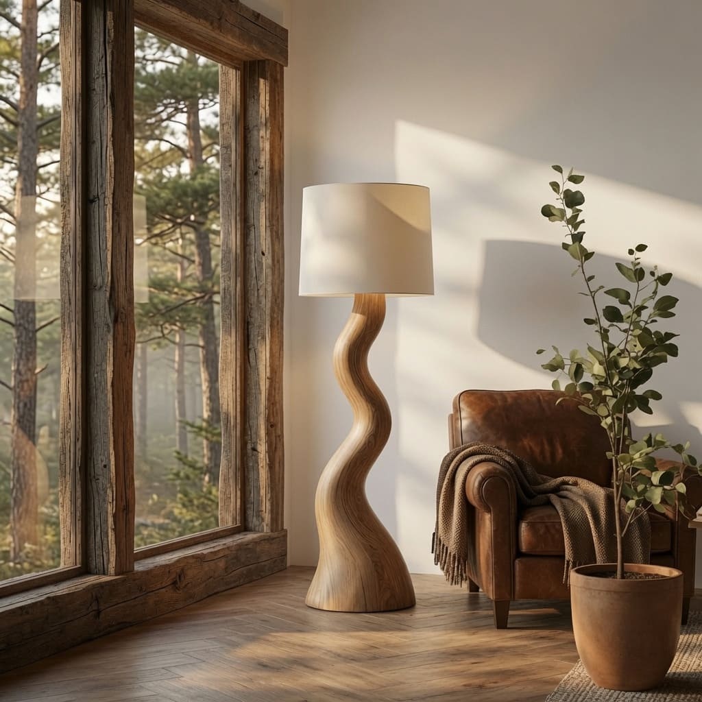 Moderne skulpturale Stehlampe, handgefertigt aus Massivholz