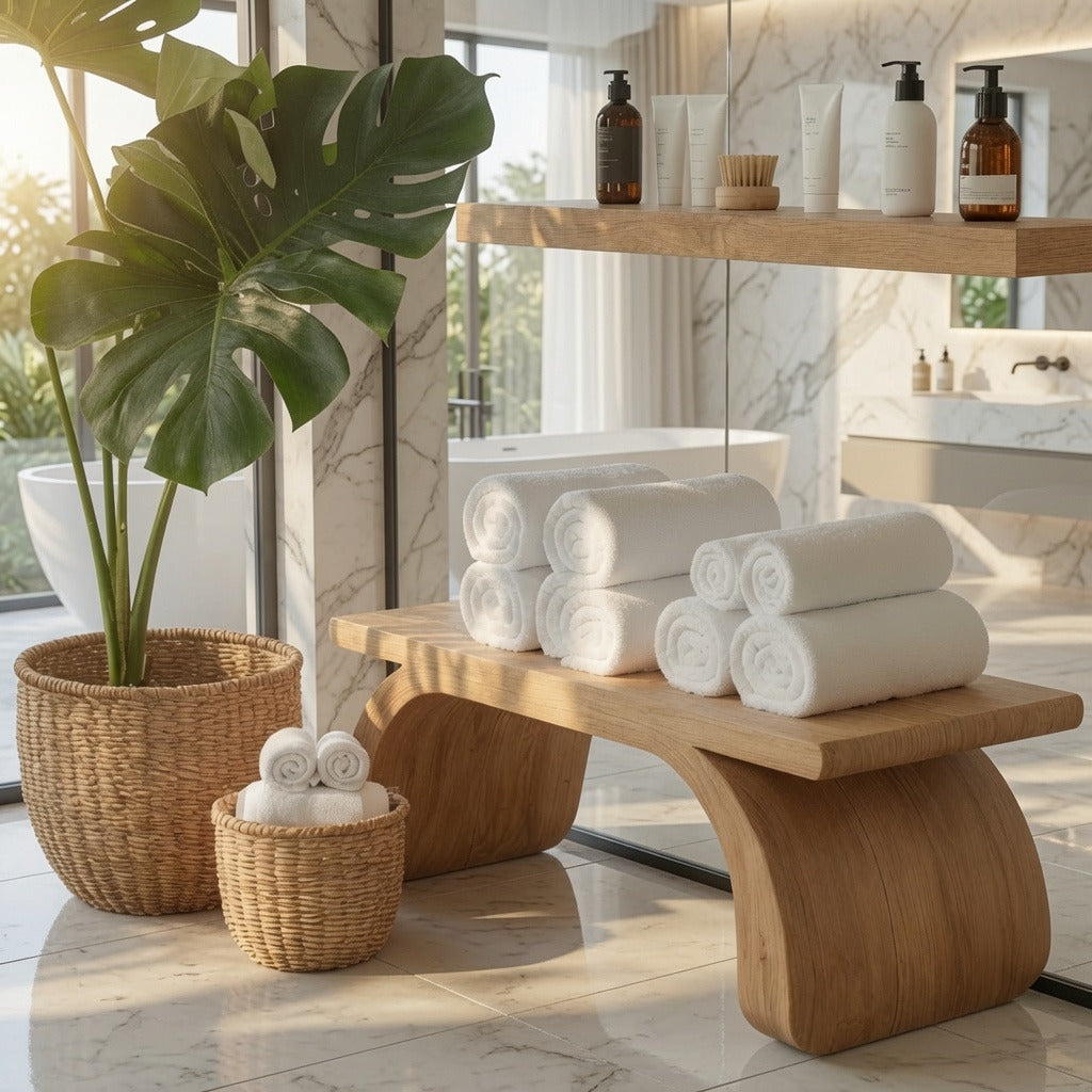 Moderne organische Duschbank aus Massivholz in einem zeitgenössischen Badezimmer