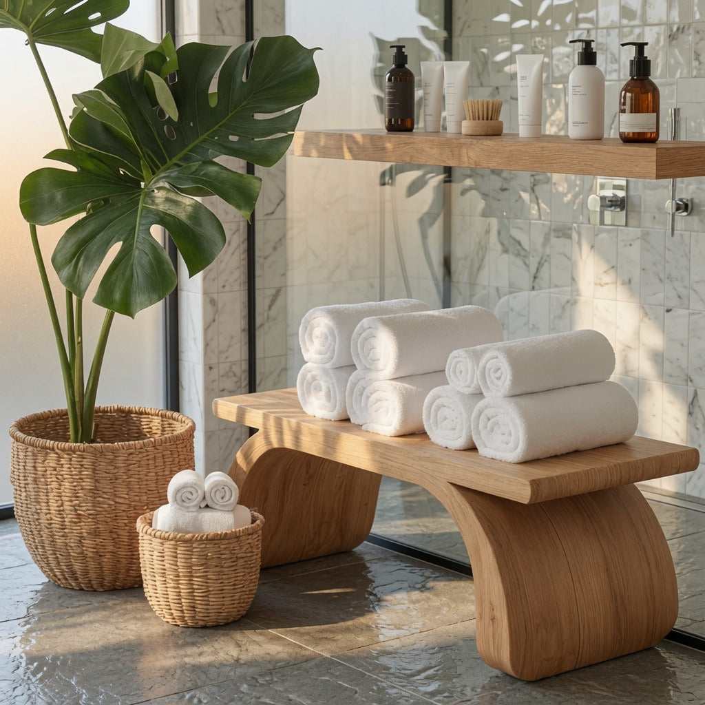 Duschbank aus Naturhartholz, die ein minimalistisches Badezimmerinterieur aufwertet