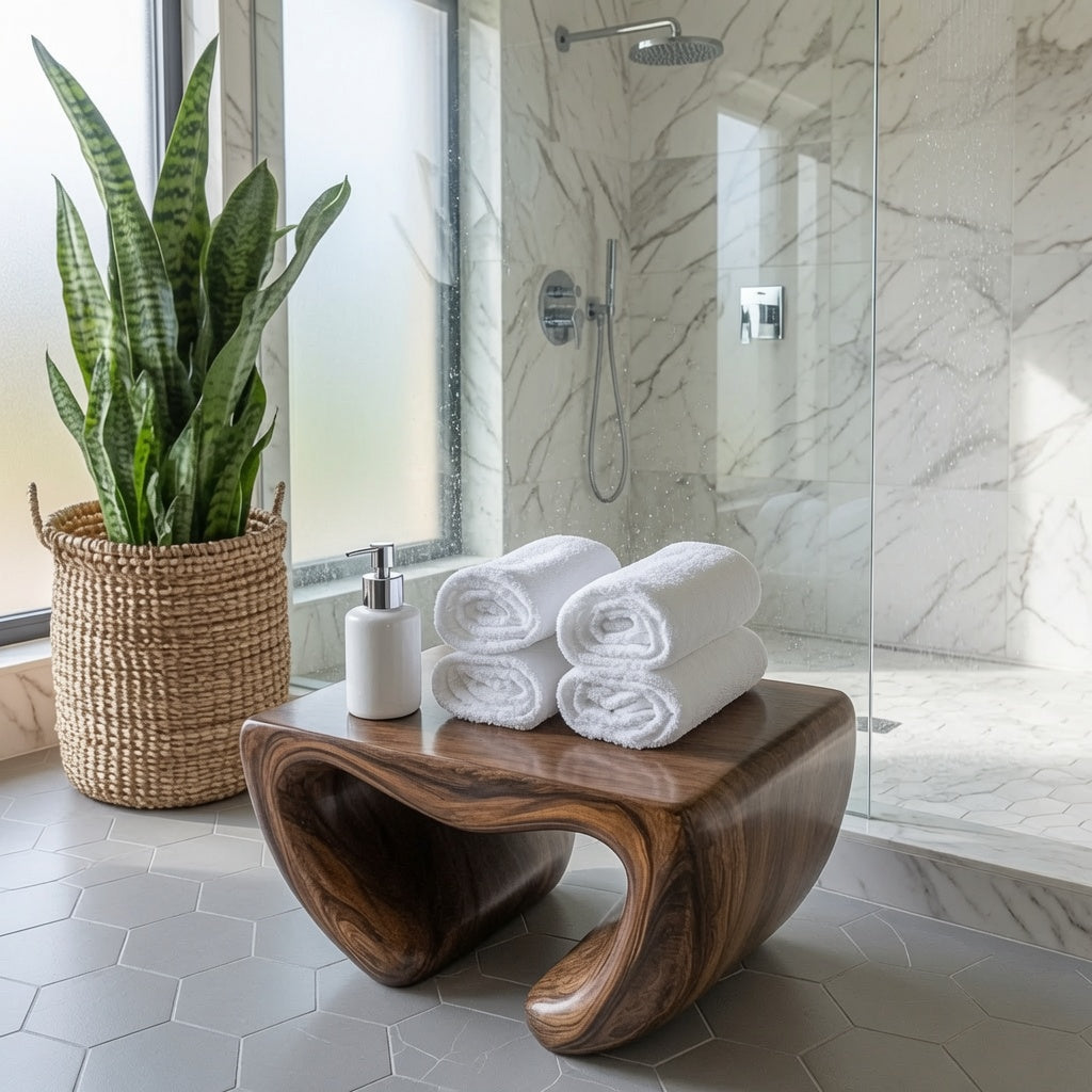Zeitgenössischer Duschsitz aus Holz, der einem modernen Badezimmer natürliche Eleganz verleiht