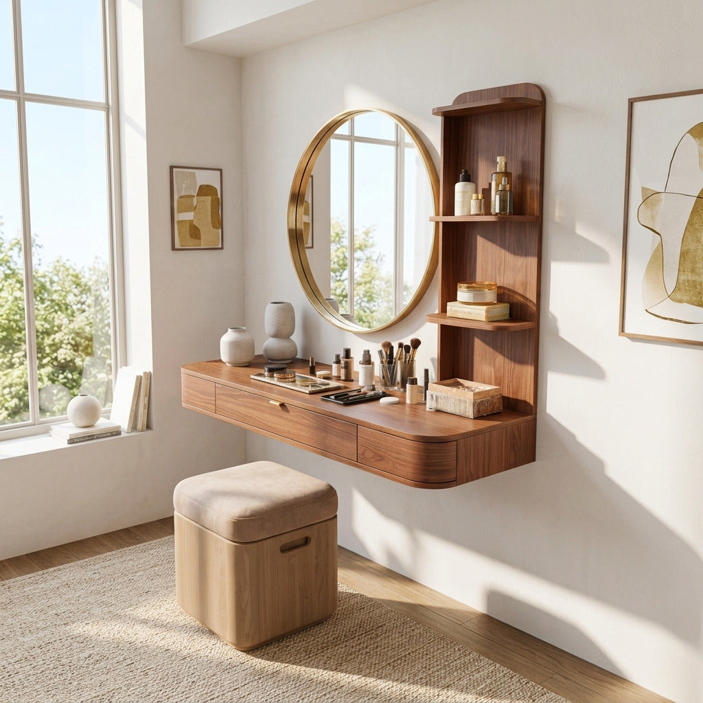 Moderner schwebender Schminktisch aus Massivholz in einem zeitgenössischen Interieur