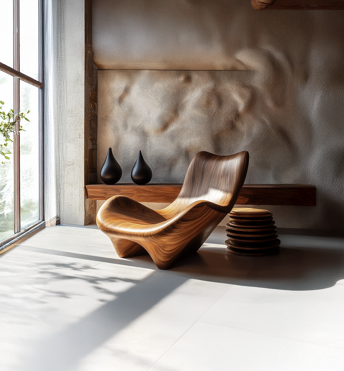 Moderner Holz-Loungesessel in skulpturaler geschwungener Form