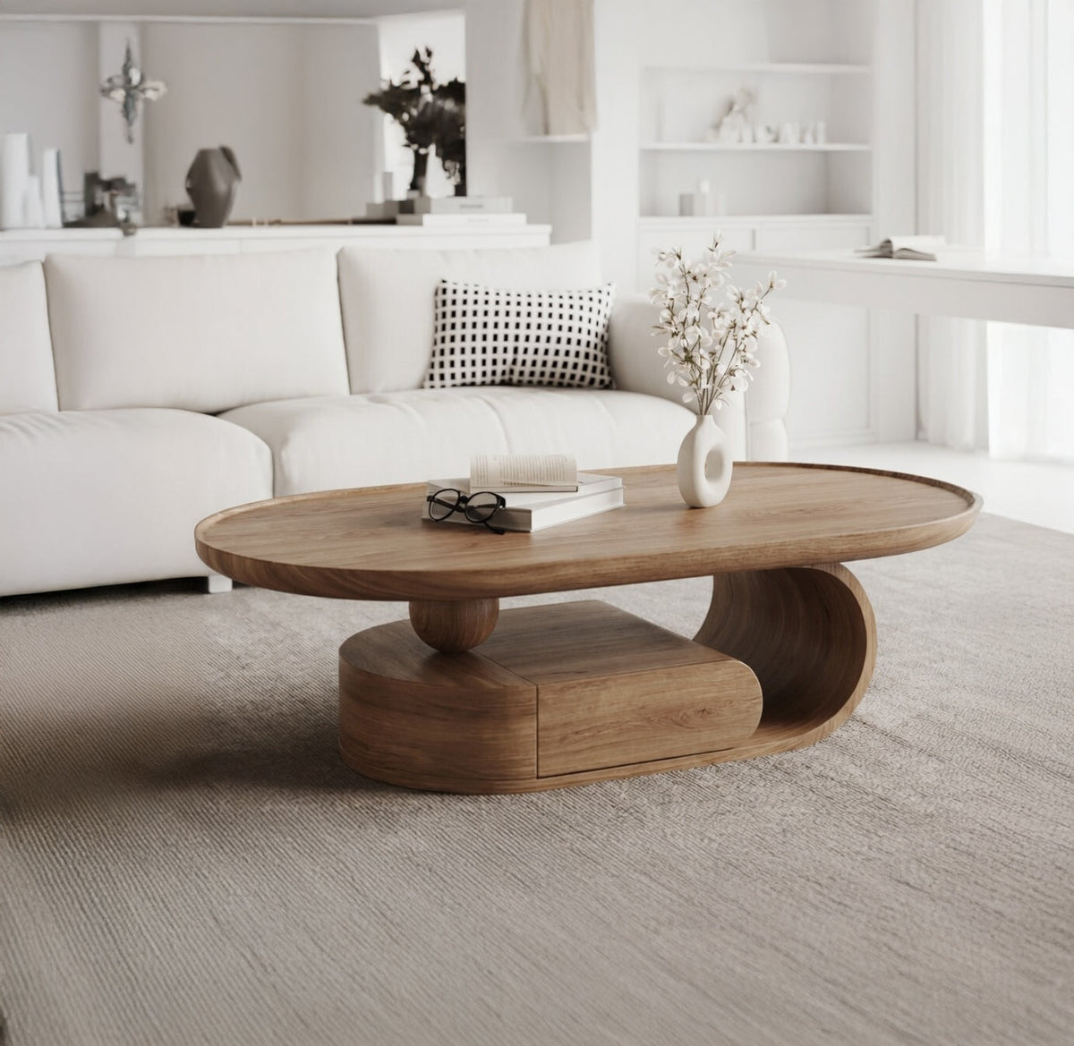 Skulpturaler Holz-Couchtisch im handgefertigten geschwungenen Design