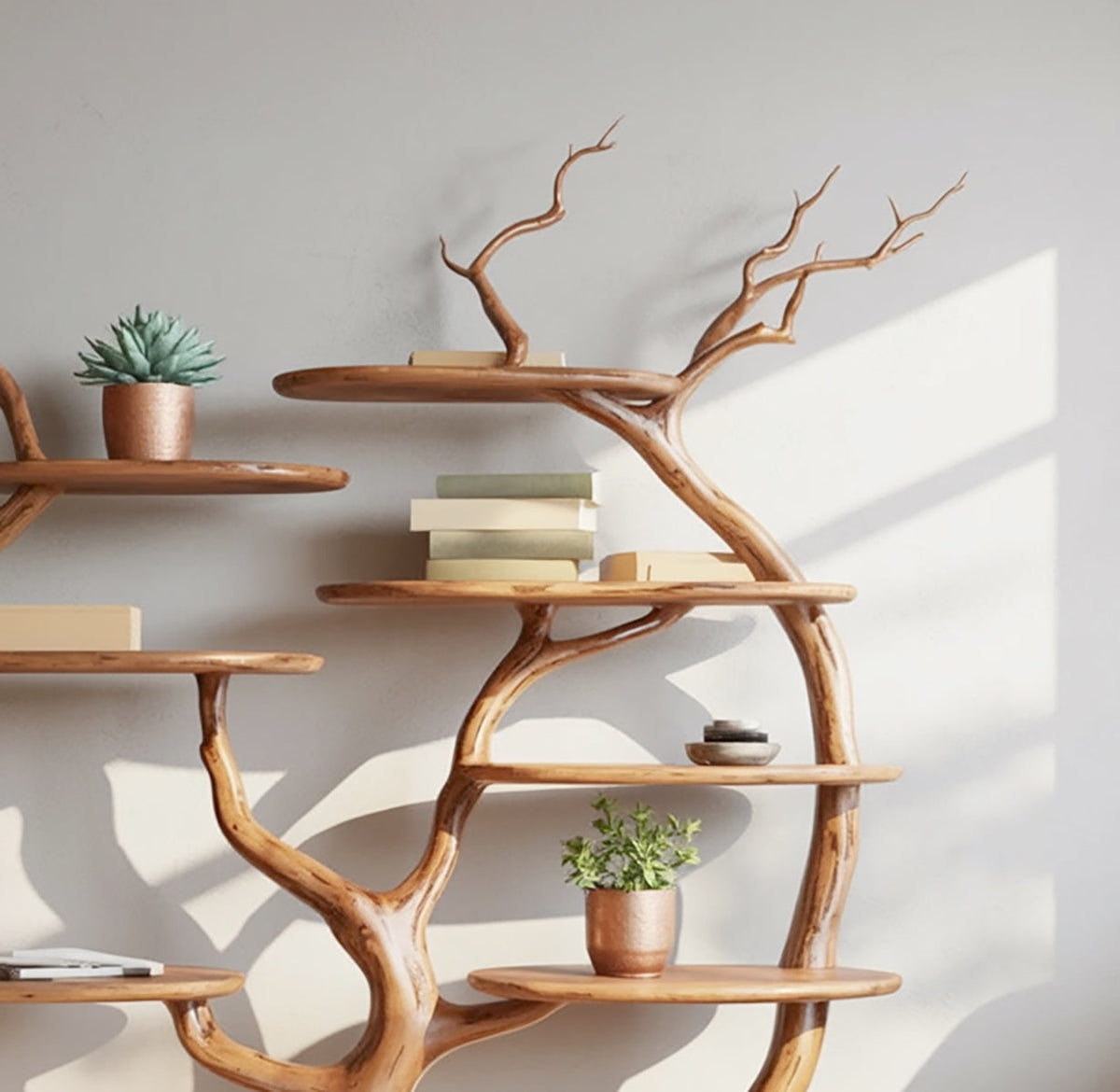 Großes Baum-Bücherregal aus Massivholz zur Präsentation von Büchern und Deko
