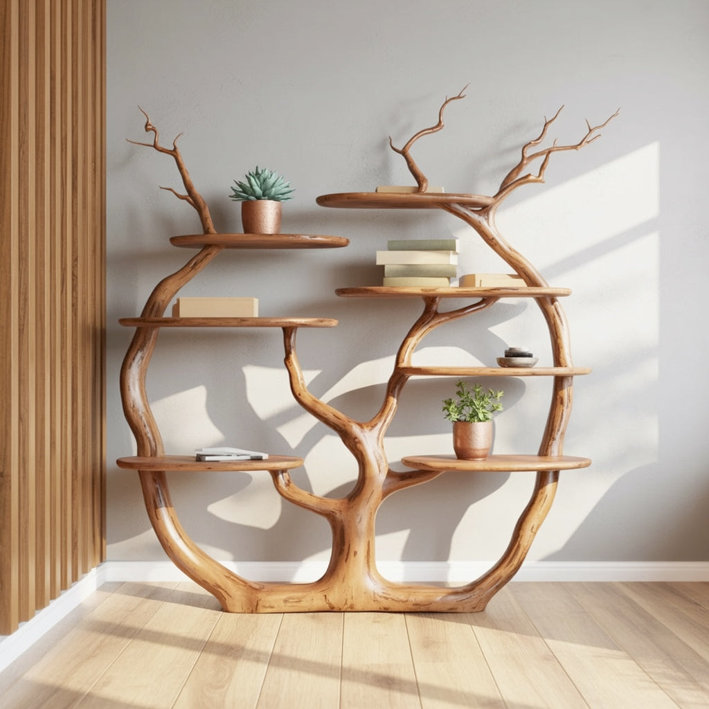 Holz-Baum-Bücherregal, dekoriert mit kleinen Topfpflanzen unter weichen Schatten