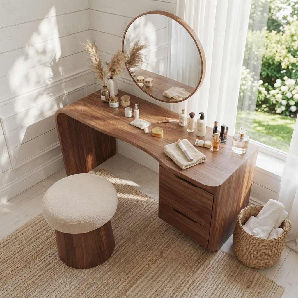 Skandinavischer Frisiertisch aus Holz in einem eleganten Schlafzimmer