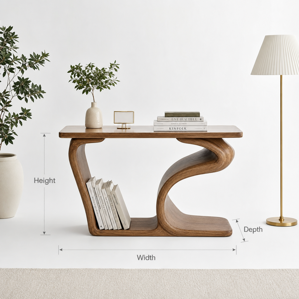 Moderne minimalistische Holzkonsole für die Leseecke mit integriertem Bücherstauraum