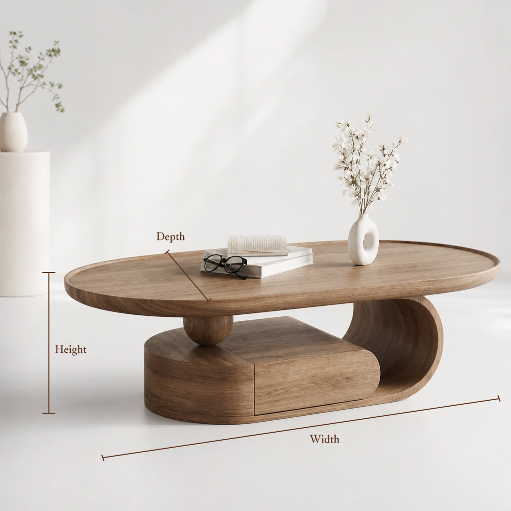 Couchtisch mit ovaler Platte und künstlerischem Wellenfuß aus Holz