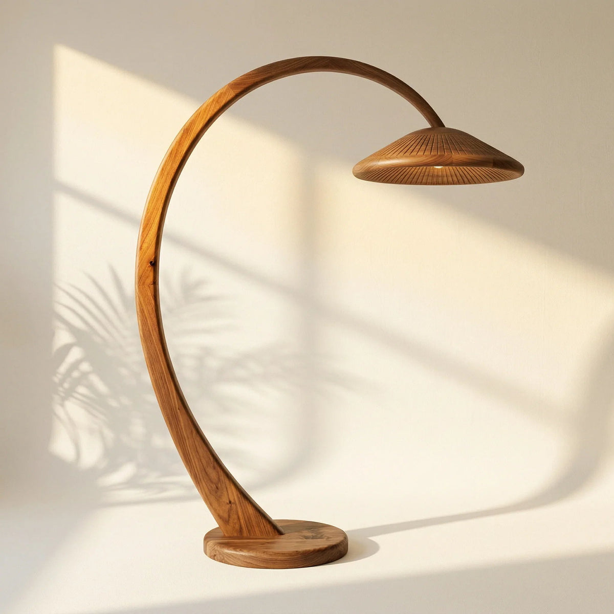 Handgefertigte Bogenlampe aus Massivholz mit breitem Schirm in einem minimalistischen Raum