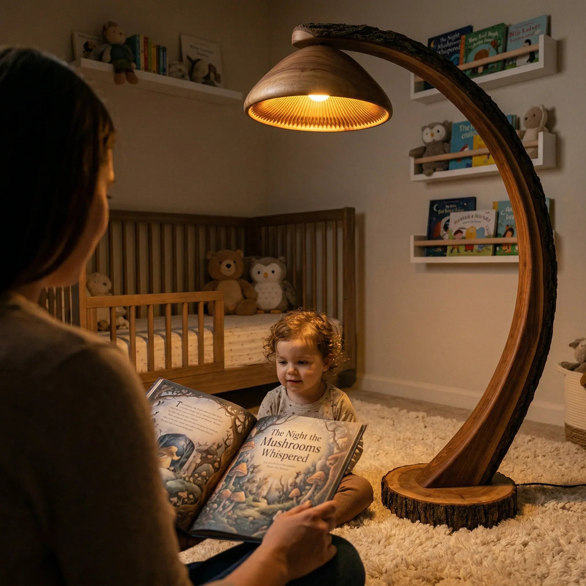 Pilz-Bogenlampe mit geschwungenem Stammstiel und Glocken-Lamellen-Holzschirm in einem gemütlichen Babyzimmer.