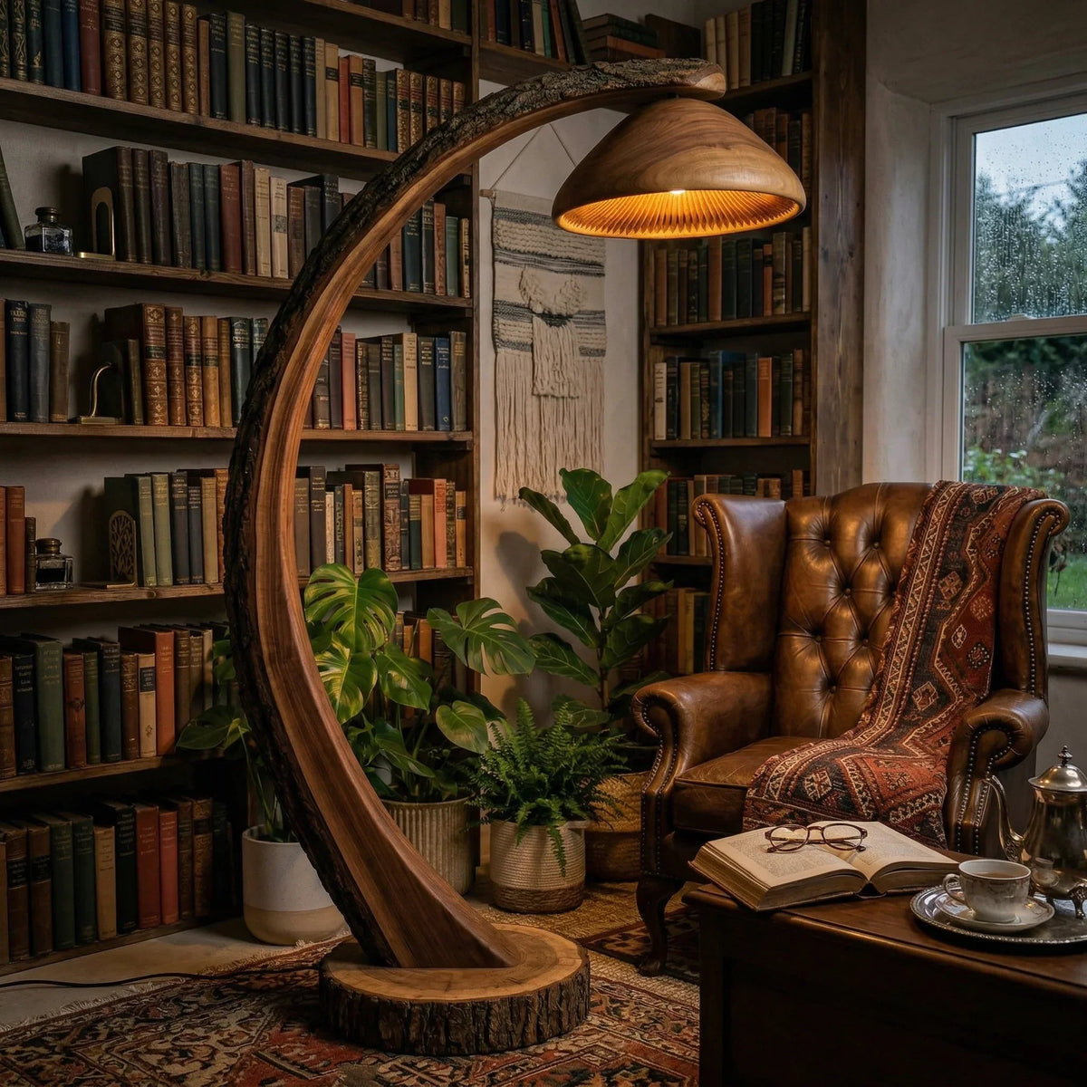 Pilz-Bogenlampe mit geschwungenem Holzstiel mit Rinde in einer gemütlichen Leseecke mit Bücherregalen