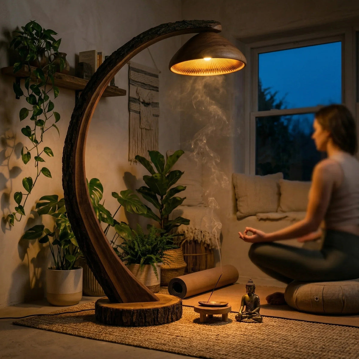 Geschwungene Holzstamm-Stehlampe mit tiefem Glockenschirm in einem gemütlichen, pflanzenreichen Meditationsraum
