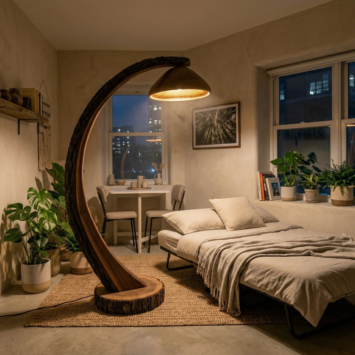 Pilz-Bogenlampe mit Rindenstamm und Lamellen-Holzschirm in einem gemütlichen Schlafzimmer