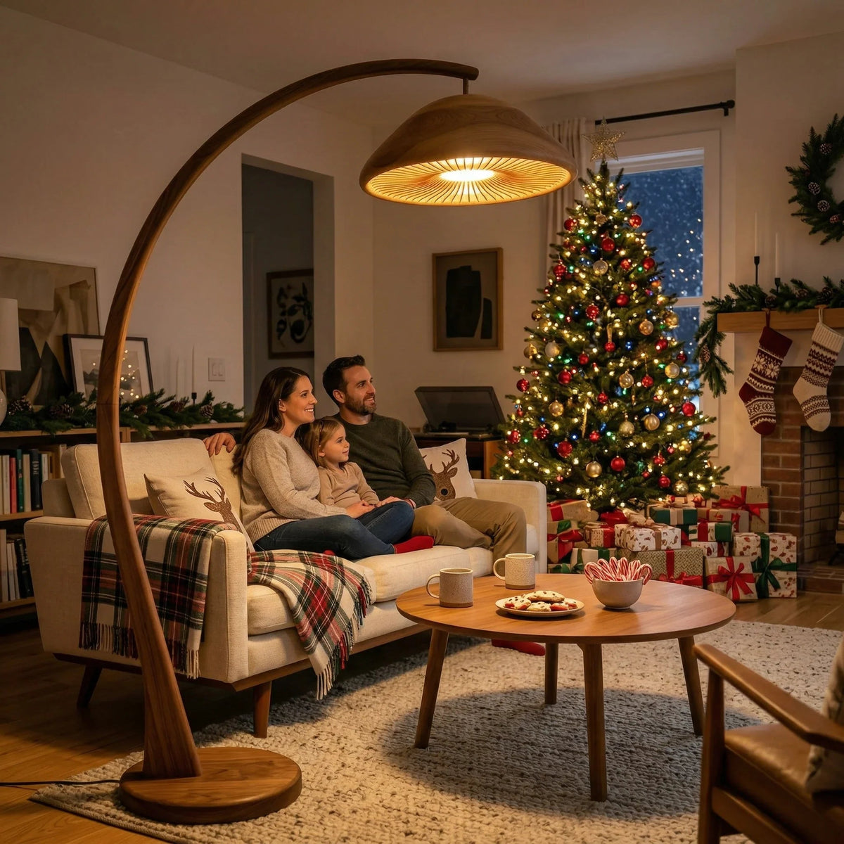 Handgefertigte Pilz-Bogenlampe mit Lamellen-Kuppelschirm und Massivholzstiel in einem gemütlichen Wohnzimmer.