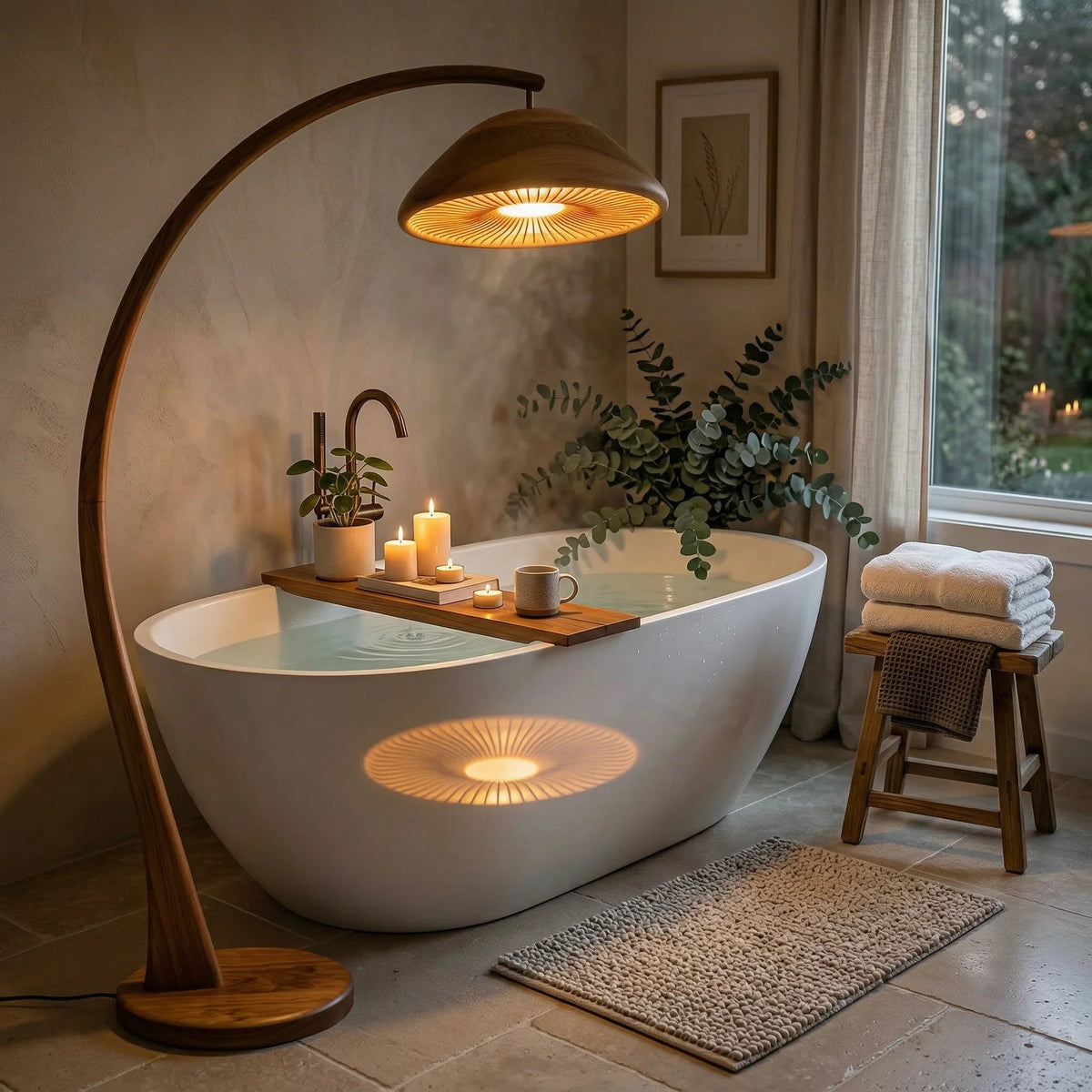 Pilz-Bogenlampe mit Holzstiel und Lamellen-Kuppelschirm neben einer modernen Badewanne