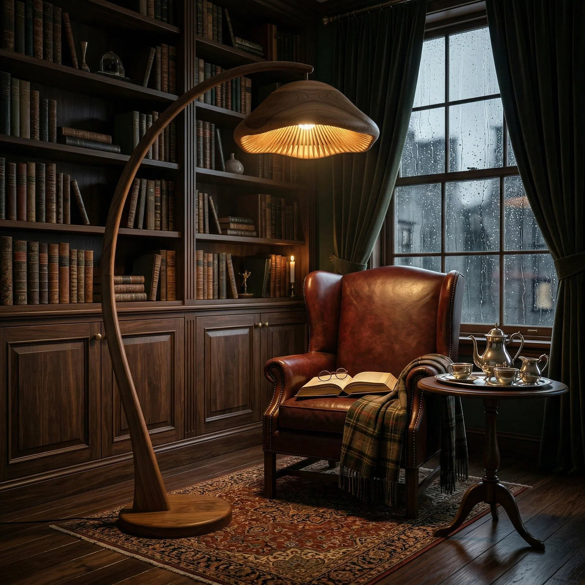 Pilz-Bogenlampe mit Holzstiel und lamelleninspiriertem Kuppelschirm in einer gemütlichen Leseecke