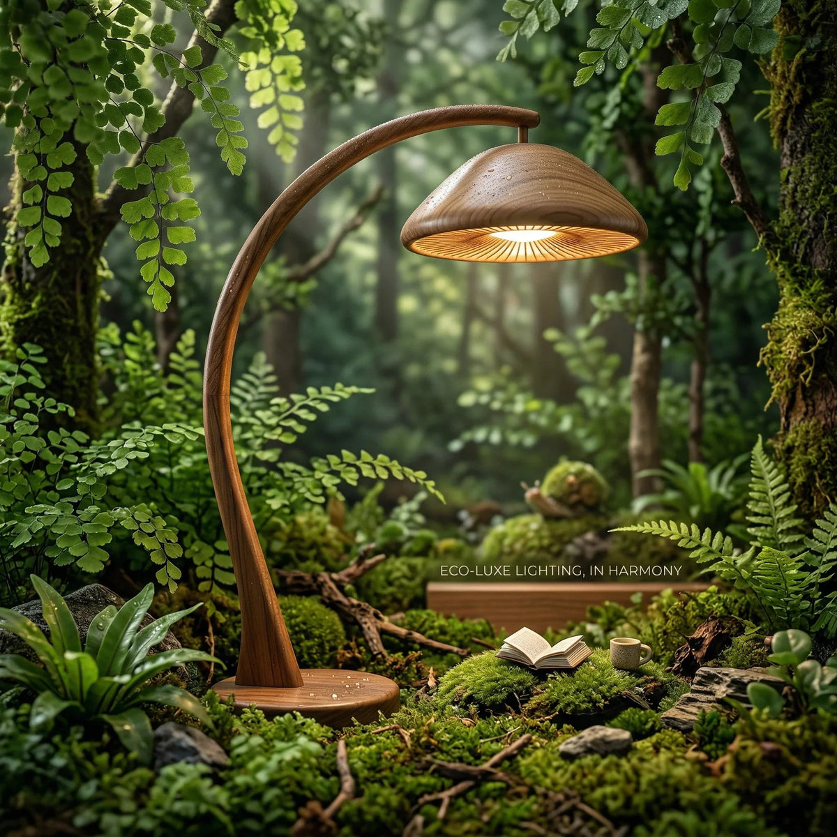 Handgefertigte Pilz-Bogenlampe mit Holzstiel und Lamellen-Kuppelschirm in einer Waldumgebung