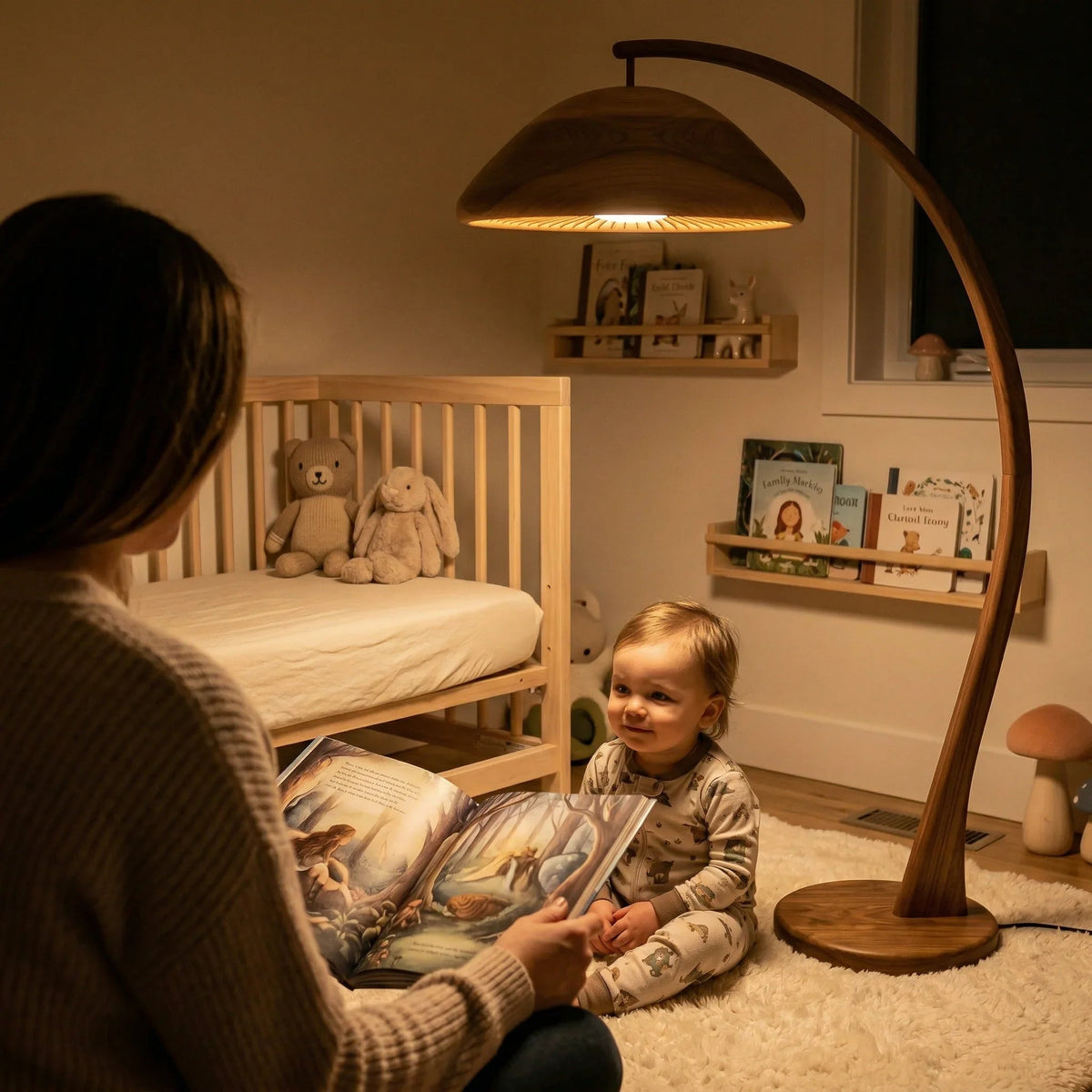 Handgefertigte Pilz-Bogenlampe mit Holzkuppelschirm in einem gemütlichen Babyzimmer