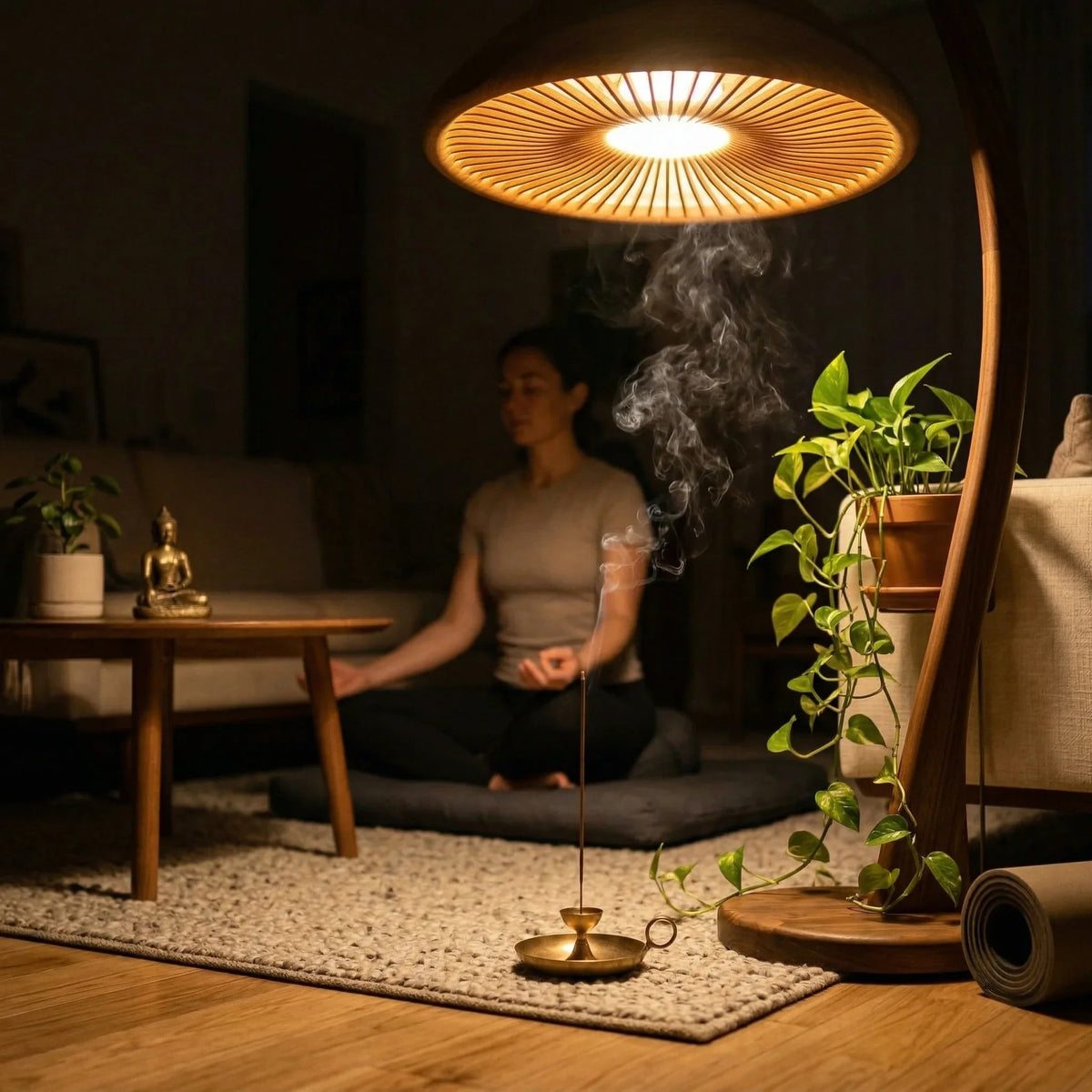 Handgefertigte hölzerne Bogenlampe mit Pilz-Kuppelschirm neben einer meditierenden Frau in einem Innenraum