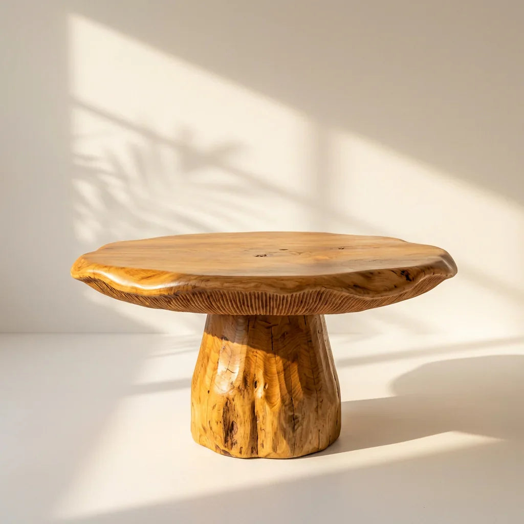 Pilz-Couchtisch aus Massivholz mit Baumkante im natürlichen Sonnenlicht, handgefertigte Möbel