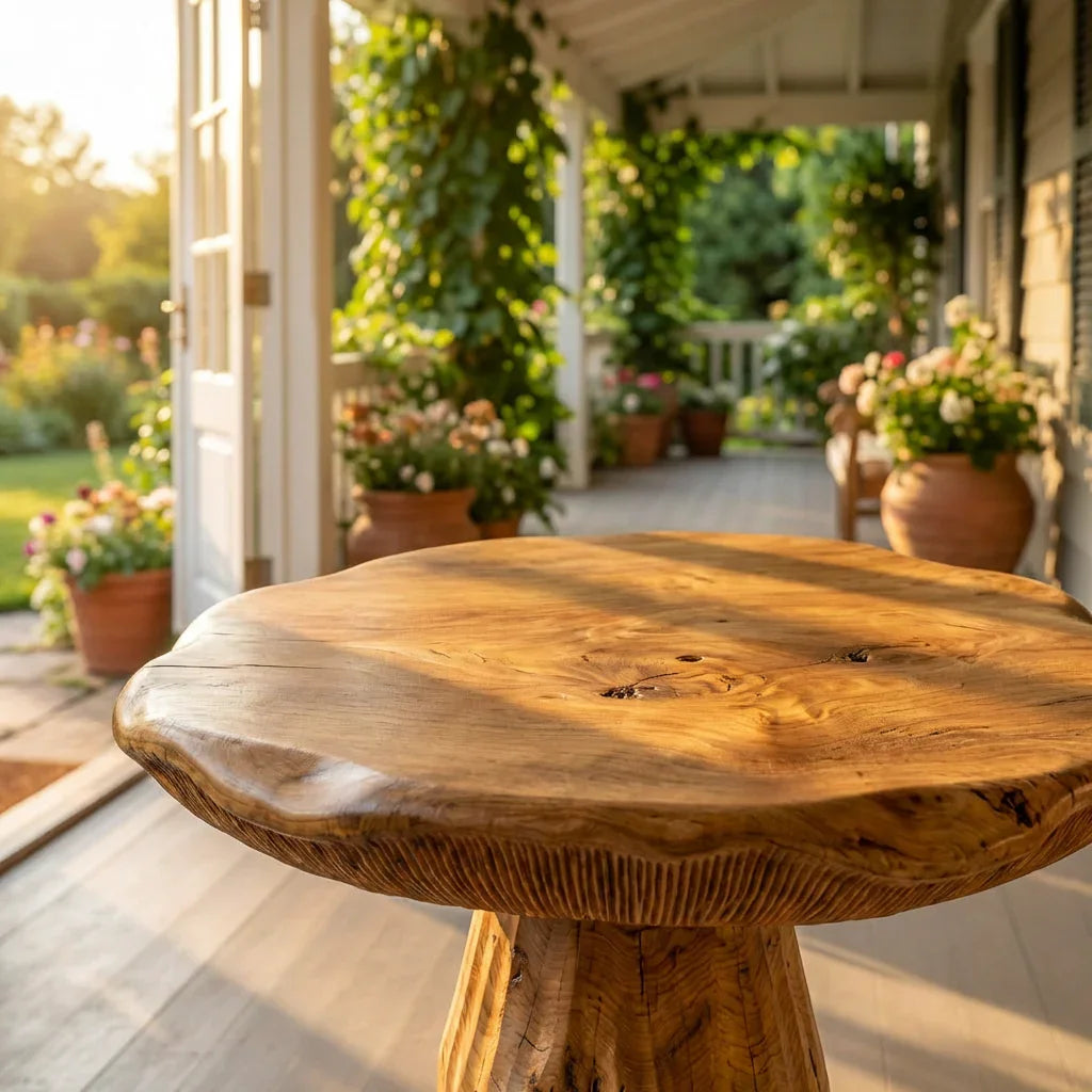 Pilz-Couch-Beistelltisch aus Massivholz mit Baumkante auf einer sonnigen Veranda mit Topfpflanzen
