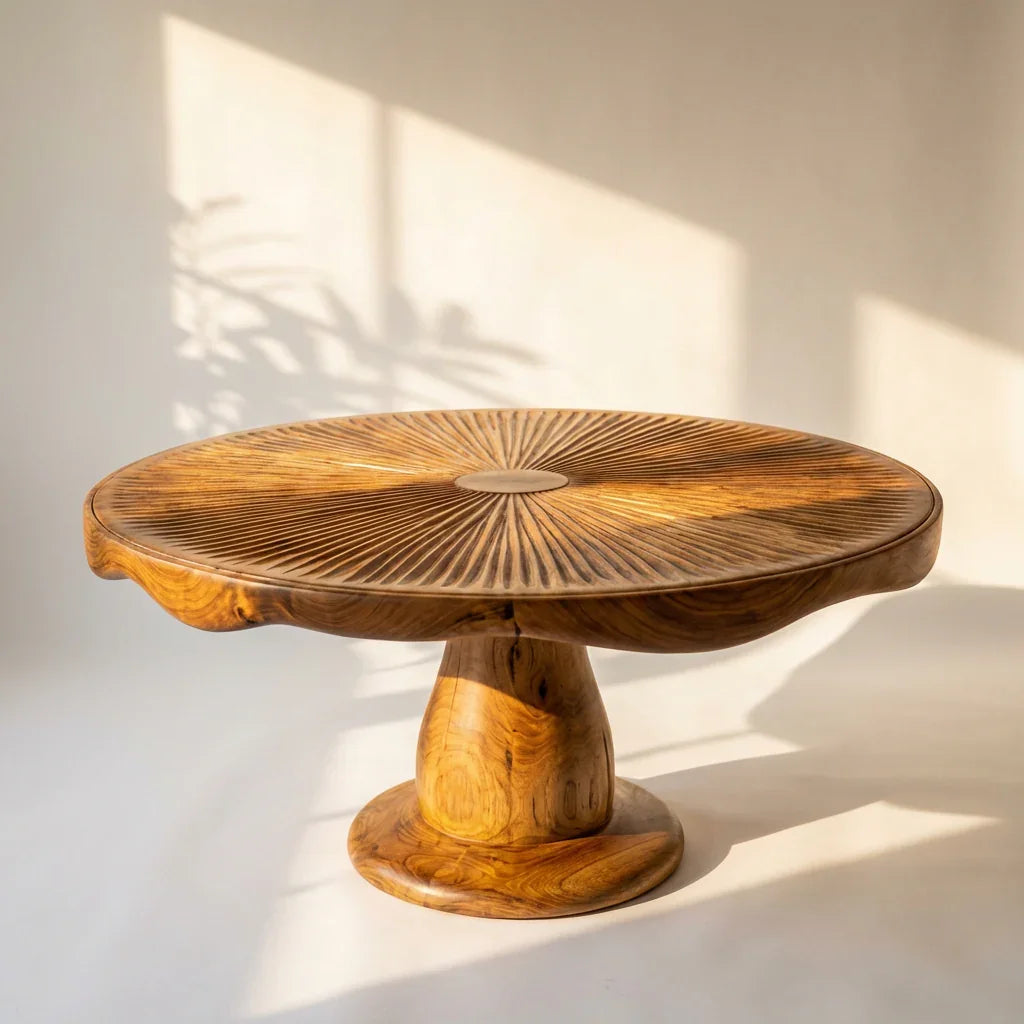 Pilz-Couchtisch mit geschnitzter Lamellenplatte und Säulenfuß, handgefertigter runder Massivholztisch mit Baumkanten-Rand fürs Wohnzimmer – Ashdeco 2026