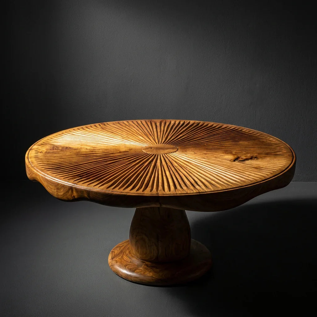 Pilz-Couchtisch mit geschnitzter Lamellenplatte und Säulenfuß, handgefertigter runder Massivholztisch mit Baumkanten-Rand fürs Wohnzimmer – Ashdeco 2026