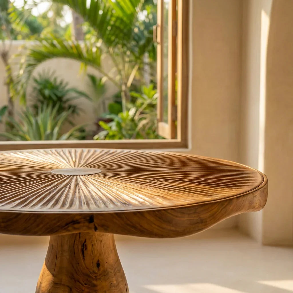 Pilz-Couchtisch mit geschnitzter Lamellenplatte und Säulenfuß, handgefertigter runder Massivholztisch mit Baumkanten-Rand fürs Wohnzimmer – Ashdeco 2026