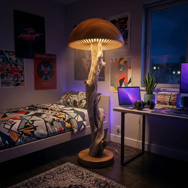 Pilz-Stehlampe mit Treibholzstiel und geschnitztem Holzfuß in einem modernen Schlafzimmer