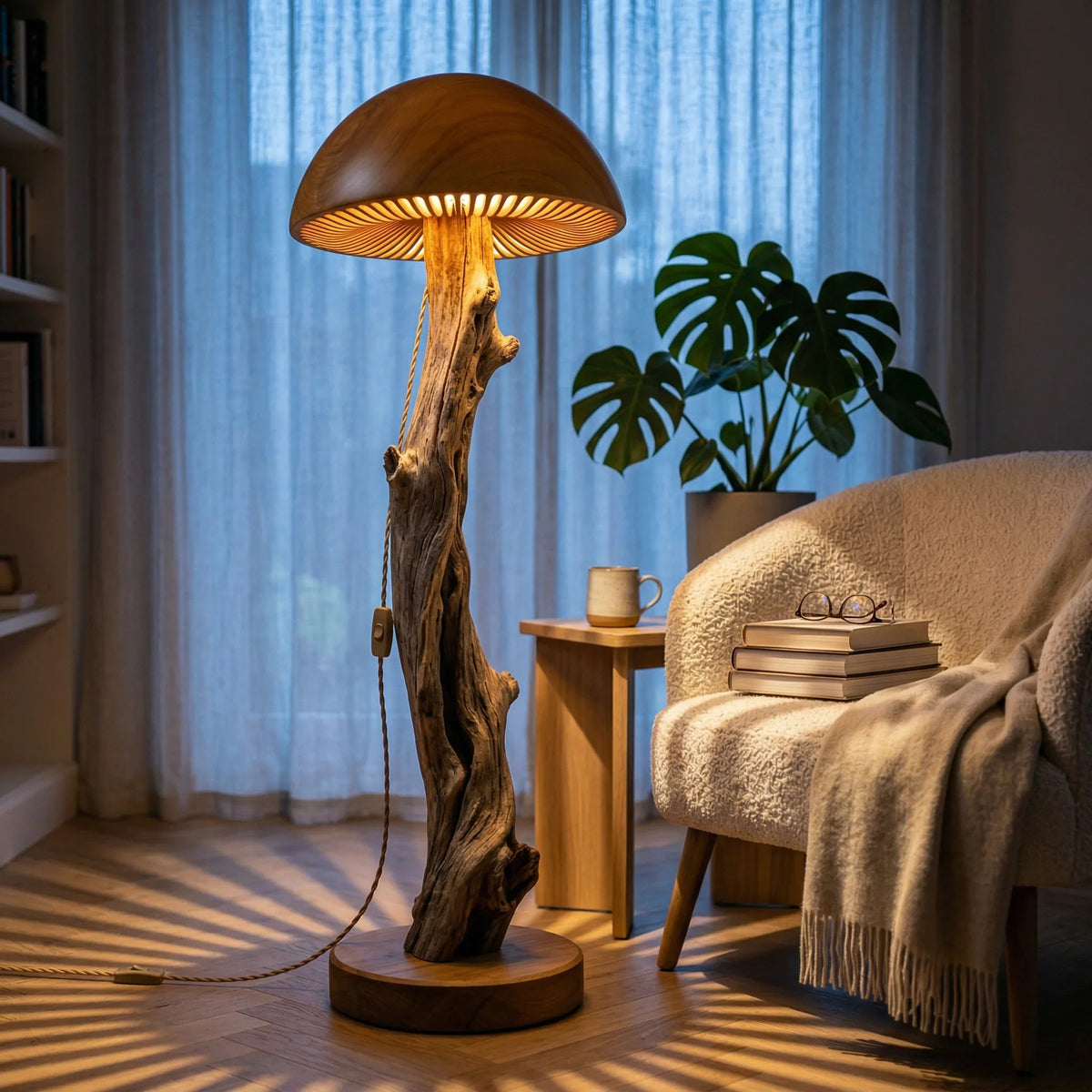 Pilz-Stehlampe mit gebleichtem Treibholzstiel auf Holzfuß in einem gemütlichen Wohnzimmer